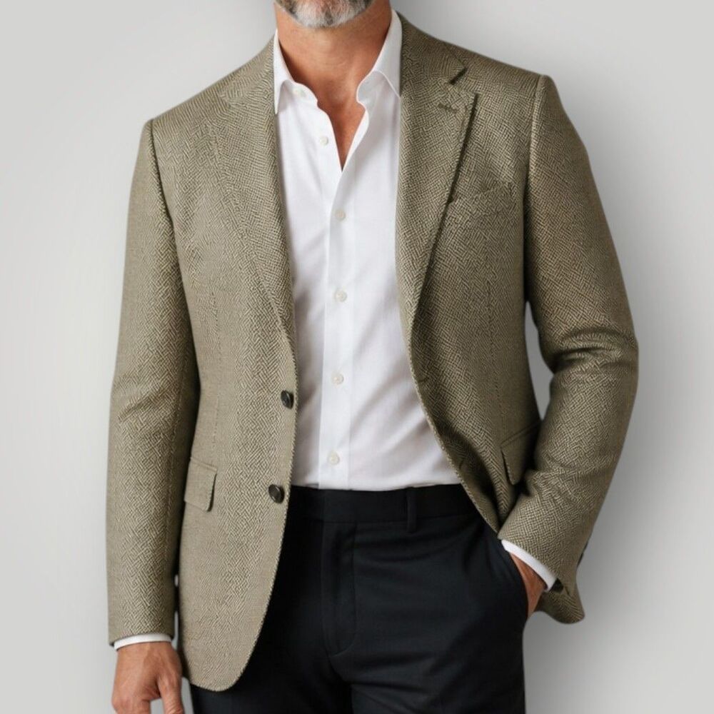 RALPH LAUREN Men Blazer Sport Coat 2-Button Jacket 42L SILK Tan Suit Herringbone